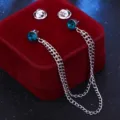 Blauer Strass Kragennadel Doppelkette Hemd Brosche Mode Herren Anzug Zubehör Detail - Pfauenblau (Silberbasis)