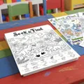 Dinosaur jungle theme coloring poster detail view showing line art and fun find items list. - Fun Scene Seek and Find Coloring Poster (RXHC1409) / 10 Sheets Set