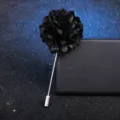 Handmade black fabric flower lapel pin with long silver stem for men and women suits. - Black