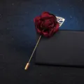 Fabric flower brooch with gold leaf, elegant textile rose pin for women's stylish apparel. - Burgundy
