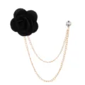 Schwarze Stoff Kamelie Blume Brosche mit goldener Doppelkette und Kristall Nadel Accessoire. - Schwarz