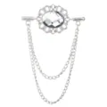 Elegante silberfarbene Kragennadel Brosche mit ovalem Kristall und doppelter Kette. - Silber / Weißer Zirkonia