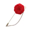 Broche fleur rose en tissu rouge avec longue épingle dorée chaîne feuille, accessoire costume - Style Rose 3D / Rouge