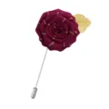 Handmade ribbon rose lapel pin with gold leaf and long silver stem for unisex fashion. - Burgundy
