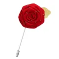 Broche fleur de rose en tissu rouge avec feuille doree et longue tige pour costume homme. - Rouge