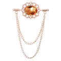 Vintage goldfarbene Kragennadel Brosche mit bernsteinfarbenem Stein und Doppelkette. - Goldene Basis Champagner-Strass