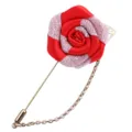 Handgemachte Stoffrosen Brosche mit langer Nadel und Kette, elegante rote Blumen Anstecknadel. - Rot