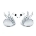 Silver tone swan brooch pins set with sparkling rhinestones and elegant white cat eye stones. - Style C / Silver