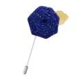 Handmade mini ribbon blue rose flower brooch with gold leaf and long pin accessory for apparel. - Blue