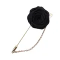 Élégante broche longue fleur de rose en tissu noir avec chaîne dorée pour costume homme. - Style Rose 3D / Noir