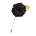 Handmade mini ribbon rose brooch with gold leaf, vintage lapel pin for men and women apparel. - Black
