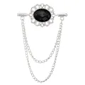 Vintage silberfarbene Kragennadel Brosche mit schwarzem ovalem Edelstein und Ketten. - Silberne Basis Schwarzer Strass