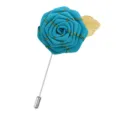 Blue fabric rose lapel pin with gold leaf, elegant handmade boutonniere suit accessory. - Peacock Blue