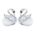 Elegant silver swan brooch pins featuring sparkling rhinestones and white cat eye stone. - Style F / Silver