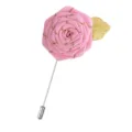 Handmade Pink Ribbon Rose Flower Boutonniere Lapel Pin with Gold Leaf and Long Metal Stem - Pink