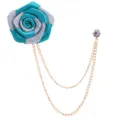 Broche fleur rose en tissu homme avec chaine pompon epingle revers costume mariage fete - Bleu Paon