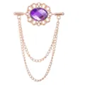 Goldfarbene Vintage-Kragennadel mit violettem ovalem Edelstein und doppelten Ketten für Hemd - Goldene Basis mit hellviolettem Strassstein