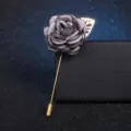 Grey fabric flower brooch detailed view, elegant brooch pin with leaf accessory for women. - Gray
