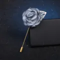 Elegant fabric flower brooch with leaf, stylish gray camellia lapel pin for women. - Light Blue