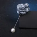 Broche fleur de camélia en tissu gris avec perle longue épingle élégante corsage femme bijoux - Bleu ciel