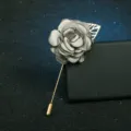 Elegant fabric flower brooch with gold pin, stylish grey camellia lapel pin for women. - Green