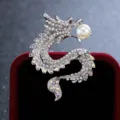 Exquisite rhinestone dragon brooch with pearl for men, elegant suit coat lapel pin. - Silver