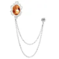 Vintage Bernstein Schmuckstein Brosche mit doppelten Ketten und Strass für Herren Anzüge. - Silberne Basis mit champagnerfarbenem Edelstein