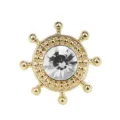 Golden ship wheel collar pin with clear rhinestone crystal, elegant shirt brooch accessory. - White
