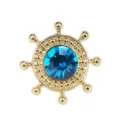 Golden ship wheel collar pin with sparkling blue rhinestone crystal brooch for shirt accessories. - Peacock Blue