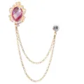 Goldene Vintage Brosche mit rosa Edelstein und doppelten Quastenketten für Anzug und Sakko. - Gold Rosa Edelstein