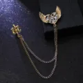 Vintage Herren Metall Engel Flügel Herz Brosche mit Strass und doppelter Kette Kragennadel. - Gold