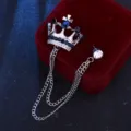 Elegante Herren Silber Krone Brosche Reversnadel mit Strasssteinen und Metallketten. - Tintenblau Strass Krone / Silber