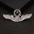 Silver-tone military eagle wings brooch with star emblem, vintage retro style lapel pin badge. - Silver