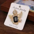 Vintage crown double eagle brooch pin with black stone and rhinestones for men shirts. - Black Gemstone (Gold Base)