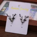 Vintage silver deer head stud earrings or lapel pins, retro style animal jewelry for men and women. - Deer Head Lapel Pins Pair / Antique Silver