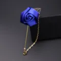 Blauer Satin Rosen Reversanstecker mit Goldkette und Blatt für Herren Anzugschmuck - Blau