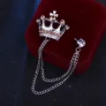 Silberne Kronenbrosche mit Doppelkette und Bernsteindiamanten, Retro Anstecknadel für Herren. - Champagner Strass Krone / Silber
