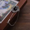 Vintage mens lapel pin long brooch with black faceted stone and chain accessory. - Gemstone Inlaid