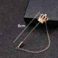 Vintage gold crown long lapel pin with chain and rhinestones for men suit accessory 8cm - Crown