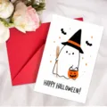 Set de carte de vœux d'Halloween mignon dessin animé fantôme citrouille avec enveloppe - Style de Fantôme de Château Violet (T020402621)