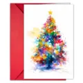 Weihnachtsgrußkarte mit buntem Aquarell Tannenbaum und rotem Umschlag für schöne Festtage. - Aquarell Weihnachtsbaum Stil (T020402605) / 1 Stück/Packung (T020402605)