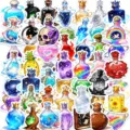 Close-up detail of colorful fantasy magic potion bottle stickers, cute waterproof stationery decors. - 50 Pieces/Pack (RXHC0007)