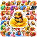 Cute 50pcs cartoon bee watercolor stickers set, aesthetic floral stationery decals for journaling. - Cute Bee Ladybug Set (T01043419) / 50 Sheets