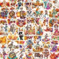 50pcs Mexican Day of the Dead skull stickers, colorful floral waterproof decals for journal. - Skeleton Floral Pattern (RXHB0259) / 50 Pieces/Pack