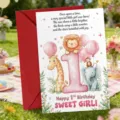 Nahaufnahme Detail einer süßen 1. Geburtstag Glückwunschkarte mit Umschlag und Tiermotiv. - Mädchen 1. Geburtstag Stil (T020402295) / 10 Blatt Set