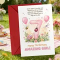 Belle carte de vœux pour 7e anniversaire avec enveloppe rouge, animaux aquarelle fille. - Style Anniversaire Fille 7 Ans (T020402501) / Lot de 10 feuilles
