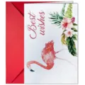 Watercolor flamingo greeting card set with red envelope for birthday and celebration. - Floral Flamingo Best Wishes Style (T020402526)