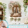 Adhésif mural décoratif avec fenêtre vintage, fleurs roses et chat mignon. Taille 54x83cm. - Surdimensionné / Chat doux près de la fenêtre / 90x30cm (Pack de 2)