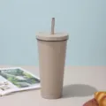 Schlanker beiger isolierter Edelstahl-Kaffeebecher mit einem robusten Metallstrohhalm - 750ml / Hellgrau [Schwarzer Rand]
