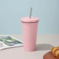 Pink stainless steel vacuum insulated travel tumbler mug with a reusable metal straw - Cinnamon Pink [Black Trim]
